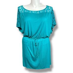 Justfab Womens Blouson Dress Sheer Lace Boat Neck Short Skirt Teal XL